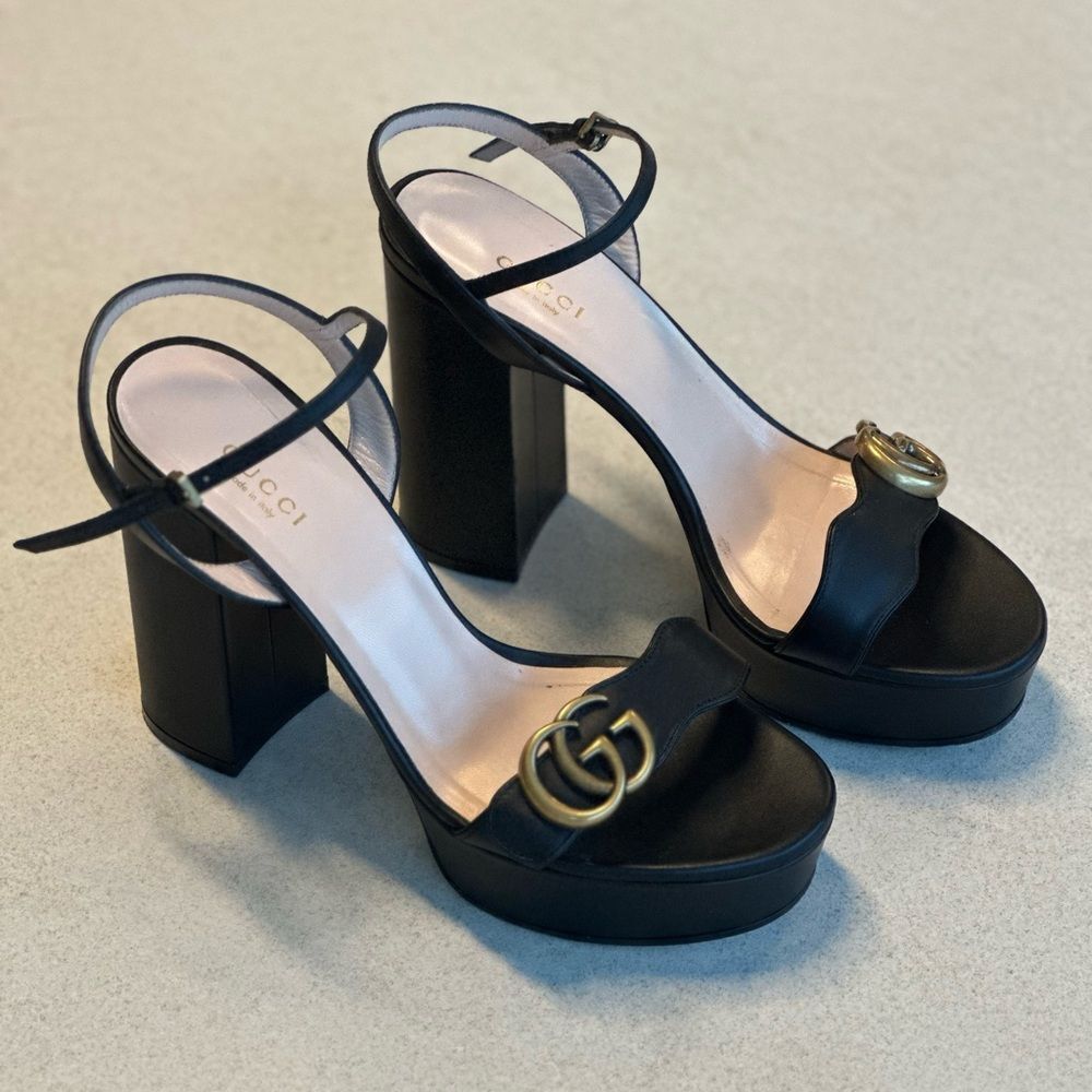 Gucci GG Marmont Ankle Wrap Platform Sandals Black Leather Block High Heel EU 38